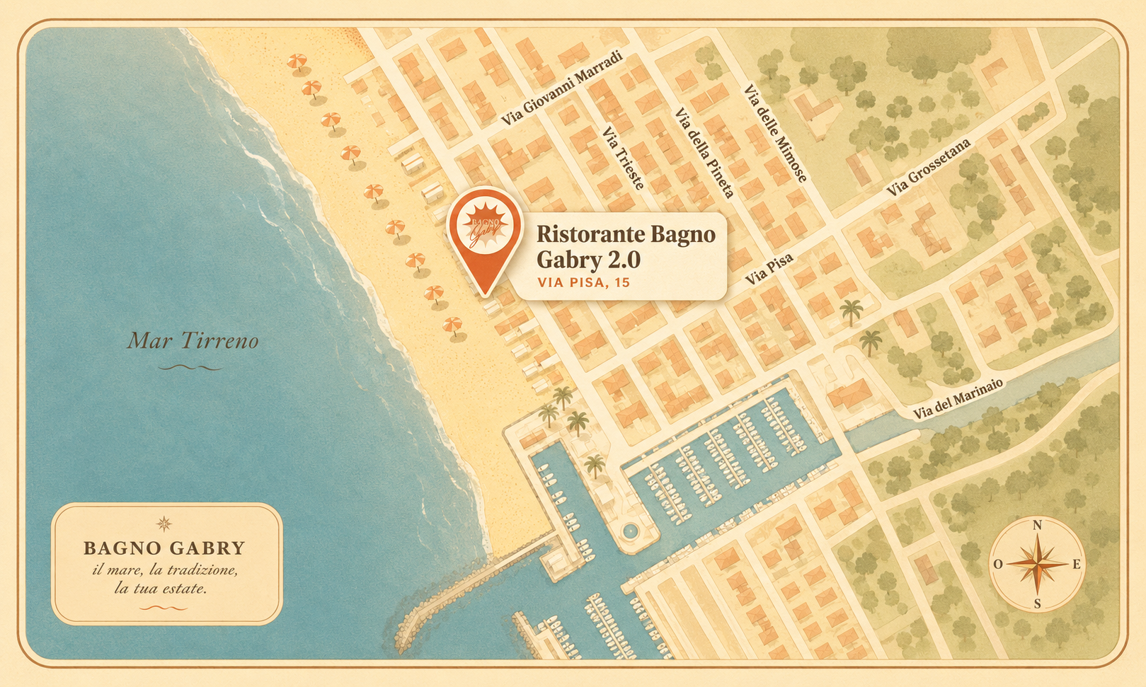 Mappa stilizzata della posizione del Bagno Gabry nella zona centrale di Marina di Grosseto
